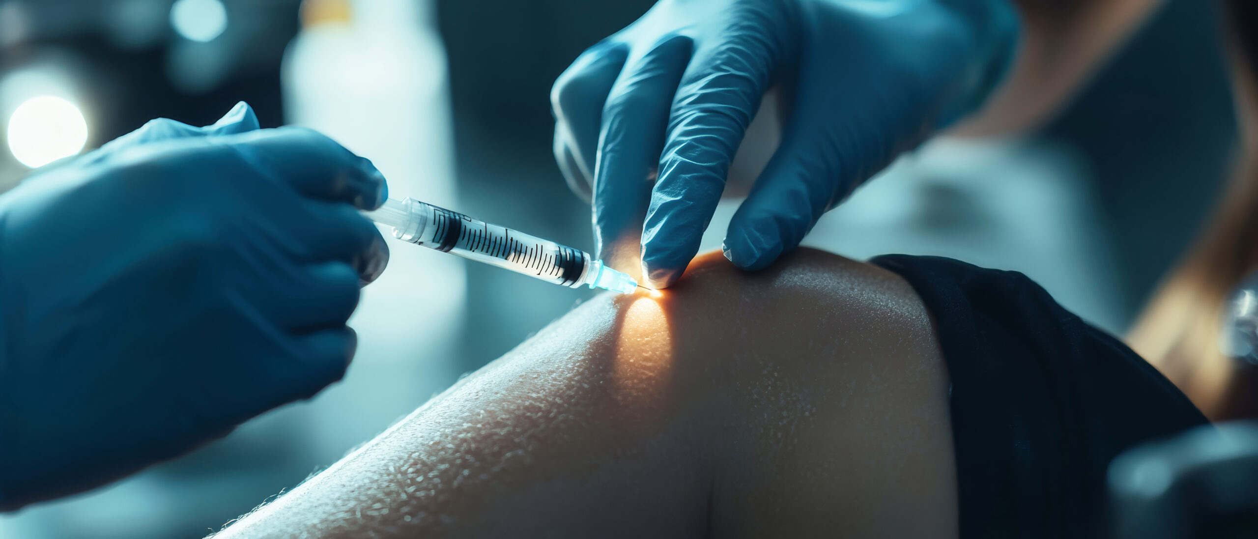 A beautician in medical gloves prepares to give a painkiller injection to a woman's leg during her laser hair removal session, ensuring comfort and care.
